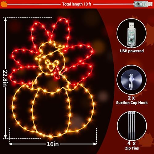 Hiboom Thanksgiving Turkey Pumpkin String Lights, Orange Red, 23'' - Image 2
