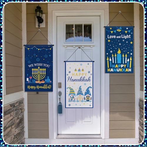 Tegeme 3 Pcs Hanukkah Door Sign Flag Chanukah Door Blue White Doors Banner - Image 3