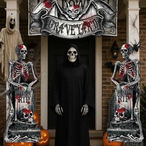 Tiamon Halloween Cemetery Door Decorations Skeleton Tombstones Door Banner - Image 7