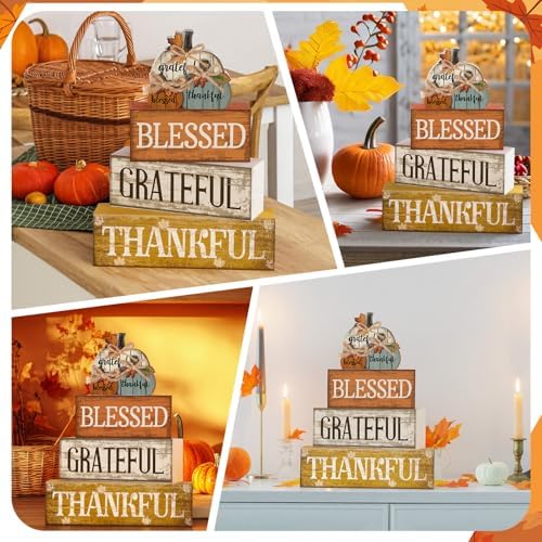 Lineshading 4 Pcs Stacked Pumpkin Block Signs, Fall Thanksgiving Decor - Image 6