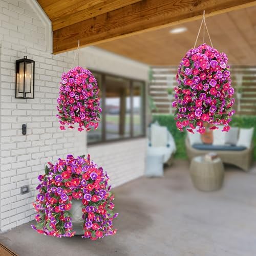 Artificial Fake Hanging Flowers Plants for Outdoor Outside Spring Summer Decoration 2PCS Faux Silk UV Resistant Realistic Morning Glory Trailing Vines for Home Porch Patio Balcony(Rose red & Magenta) - Image 6