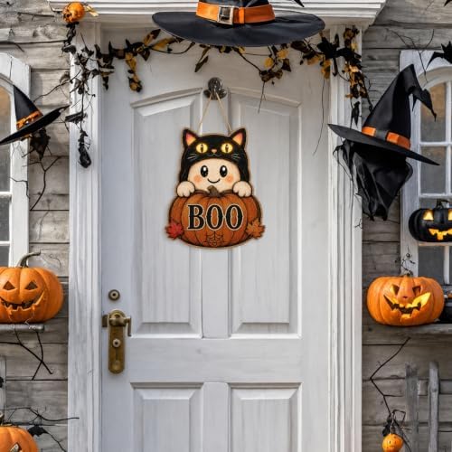 Halloween Door Sign Cute Ghost Wear a Black Cat Hat Pumpkin BOO Decor - Image 4