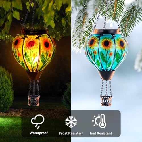Starsoul Sunflower Hot Air Balloon Solar Lantern Glass Outdoor Hot Air Balloon Solar Flickering Flame Light Hanging Solar Lanterns Outdoor Waterproof Garden Patio Yard Party Decor - Image 2