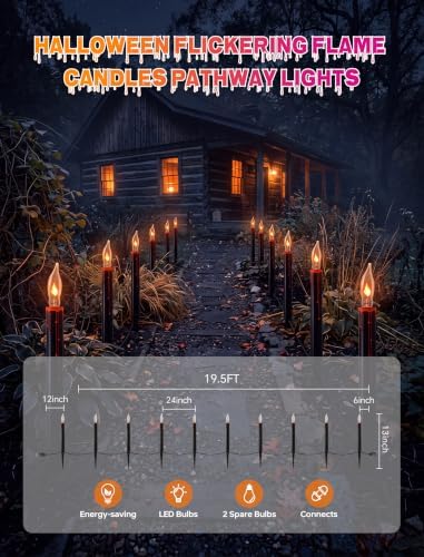 19.5Ft Halloween Pathway Lights, 10 C18 Flicker Flame Candles Stakes Lights - Image 2