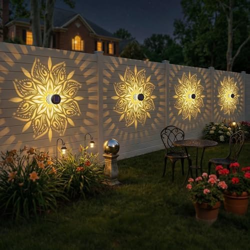 2 Pack Solar Fence Lights Metal Solar Powered Outdoor Wall Deck Step Lights Mandala Theme Waterproof Fence Light for Garden Post Patio Backyard Yard Decor, Gardening Gifts for Women Mom Grandma - Image 2