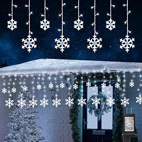 Christmas Snowflake Lights Outdoor, 17.22ft 264 LED Snowflake Icicle Lights with 22 Drops, 8 Modes connectable Plug In Christmas Light Waterproof for Eaves, Garden, Indoor & Outdoor Xmas Decor (White) by Jnaurb