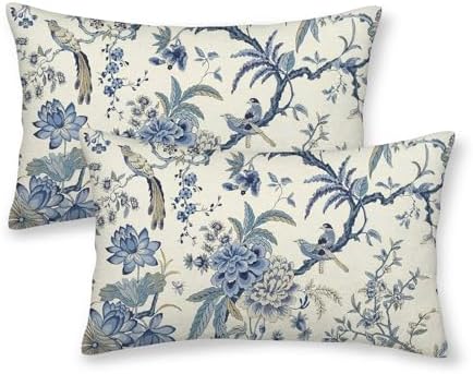 CXMEIFLY Spring Floral Birds Pillow Covers 12 x 20 Inch Set of 2 for Chinoiserie Flowers Decor Throw Pillows Blue and White Plant Outdoor Decorative Cushion Cases for Couch Bed Decorations by CXMEIFLY