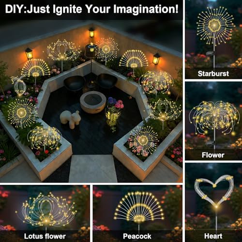 Solar Garden Lights Outdoor, 4 Pack 120 LED Twinkling Firework Lights Decorative with 2 Modes, Outdoor Waterproof Solar Starburst Light for Yard Pathway Planter Patio Decor, Warm White - Image 4