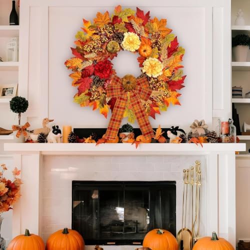 ICX 24 Inch Fall Wreaths for Front Door, Autumn Wreath with Lights and Bows - Image 4