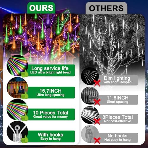 LAMPHOME Orange Purple Green Halloween Lights Outdoor,12-inch LED Meteor Shower Icicle Lights, 10 Tubes 240 LED String Lights. Waterproof Plug, Shower Rain for Xmas Tree Yard House Decor - Image 3