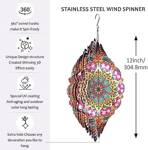 Aoedelyart Wind Spinners Outdoor Mandala Lucky Star,Laser Cut Metal Kinetic Art Wind Spinner Gift for Christmas,12In Stainless Steel Hanging Yard&Garden 3D Wind Sculpture Decorations Indoor Spinners - Image 2