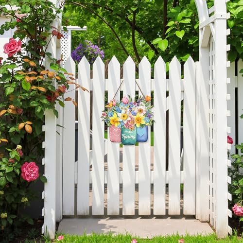 Harooni Hello Spring Summer Welcome Sign for Front Door Spring Flower with Jar Colorful Hanging Wreath 11.8"x11.8" Butterfly Floral Farmhouse Wood Sign Front Door Decor Hanging Sign for Indoor Outdoor - Image 5