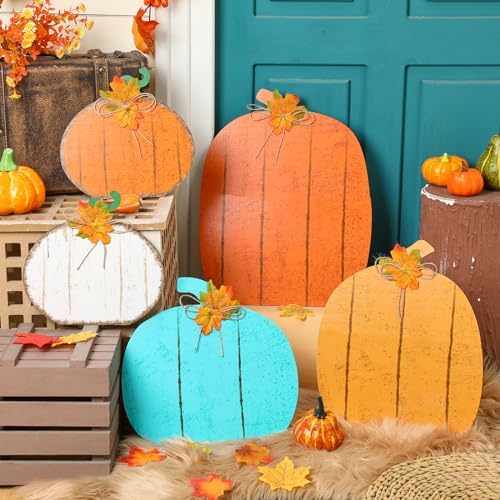 Yuntau 5 Pcs Fall Farmhouse Porch Decoration, 4 Colors Pumpkin Design - Image 2