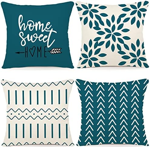YCOLL Pillow Covers 20x20 Set of 4, Modern Sofa Throw Pillow Cover, Decorative Outdoor Linen Fabric Pillow Case for Couch Bed Car,Teal by PillowCoversExpert