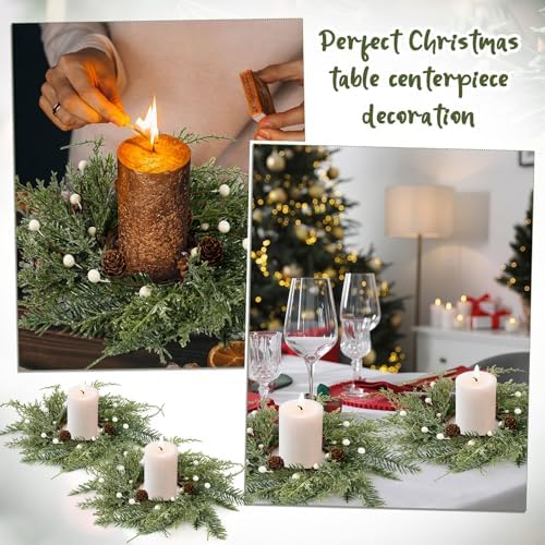 24 PCS Christmas Wreath Christmas Kitchen Cabinet Wreaths with Burlap Ribbon Mini Wreath Pine Garland Frosted Cedar Pine Cone Hanging Garlands Candle Rings for Front Door Window Chair Wall - Image 6