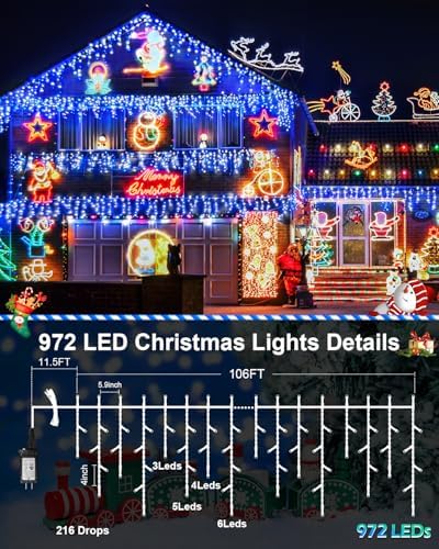 106 FT Christmas Lights Outdoor, 972 LED Waterproof Outside Christmas Lights Plug in, Connectable 8 Modes Hanging Fairy Lights with 216 Drops for House Eaves Yard Patio Blue and White - Image 6