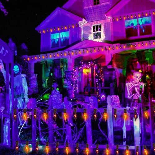 27.78 FT Halloween Ligths, C7 Clear Orange and Purple Flickering Flame String Lights Outdoor, E12 Screw Base, Flame String Lights for Fall Decor Halloween Decorations Outdoor Indoor Home Patio Party - Image 6