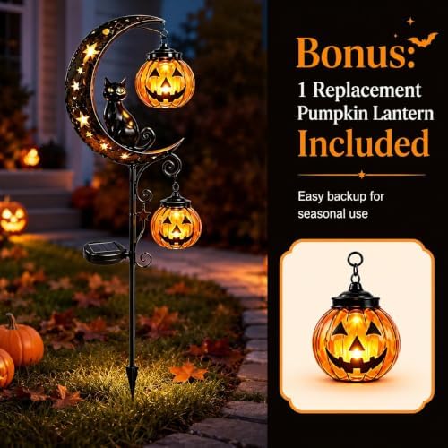 Solar Halloween Black Cat & Pumpkin Moon Garden Stake Light, Outdoor Waterproof LED Yard Decoration with Crescent Moon, Hanging Jack-o'-Lantern Lantern for Patio Lawn Path Yard (B #) - Image 4