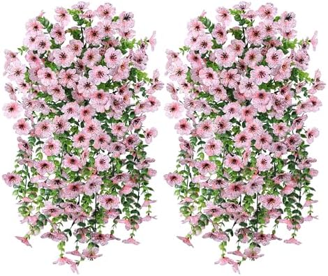 INSPRING Artificial Faux Outdoor Outside Flowers Plants, 2 PCS Fake Silk UV Resistant Look Real Pink Daisy Trailing Vines for Front Door Porch Planter Urn Patio Balcony Decoration - Image 5