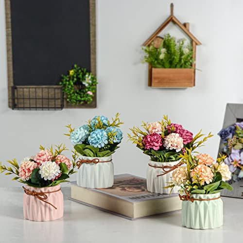 Artificial Flower Plants – Mini Fake Hydrangea Flowers in Pot for Home Decor Party Wedding Office Patio Table Desk Decoration, Set of 4, Size: 3.3''(Diameter) x 5.5''(Tall) - Image 4