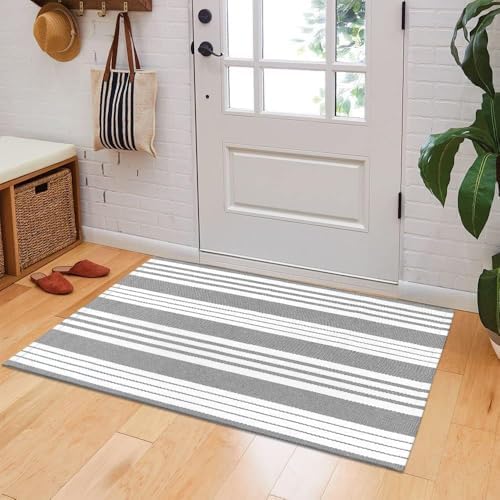OJIA Front Door Rug 24"x51" Gray and White Striped Outdoor Rug Porch Decor - Image 6