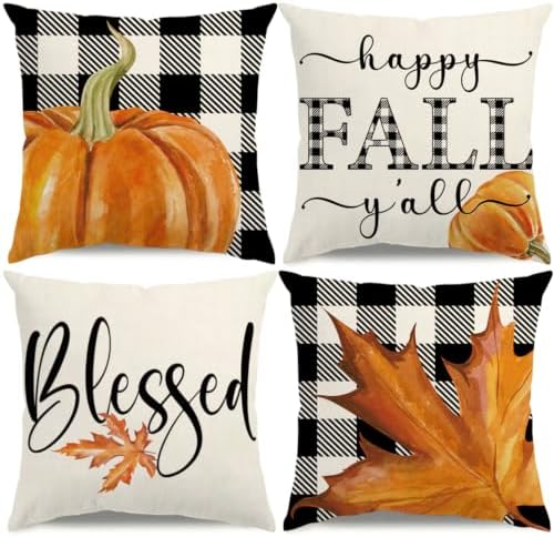 Fall Pillow Covers 18x18 Thanksgiving Farmhouse Decorations Buffalo Plaid Pumpkin Maple Leaf Outdoor Fall Decor Throw Pillow Covers Blessed Autumn Harvest Cushion Case for Sofa Couch Set of 4 by KISVODS
