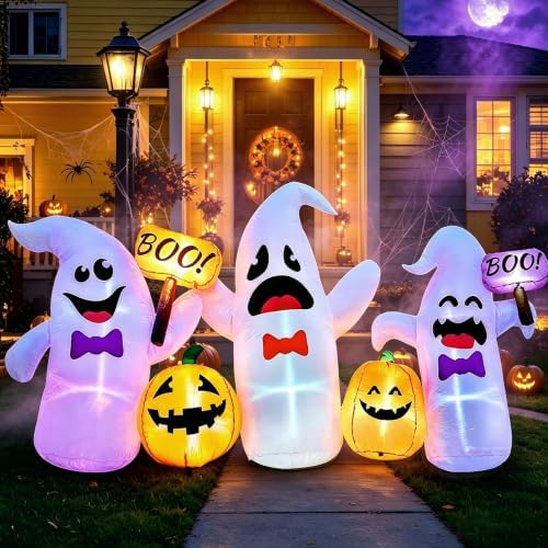 8 Ft Long Halloween Inflatable 3 Ghosts and Pumpkins Decorations Outdoor - Image 6