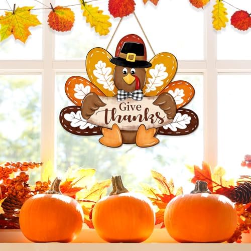 Thanksgiving Turkey Door Sign Decor, Give Thanks Wooden Wreath for Front Door Hanger, Yard Farmhouse Home Gobble Sign, Thankful Wreath Rustic Autumn Harvest Thanksgiving Party Decor - Image 6