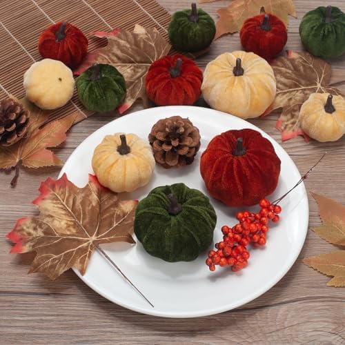 21 PCS Pumpkins Decor Set, 3 Sizes Fake Velvet Pumpkin, Dark Green Brown Gold Small Foam Pumpkins for Fall Harvest Thanksgiving Tiered Tray Centerpiece Bowl Filler Farmhouse Halloween - Image 5