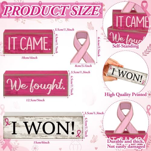 Lineshading 4 Pcs Breast Cancer Wooden Block Signs Farmhouse Decor - Image 3
