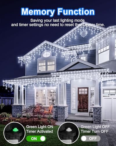 Cool White Christmas Lights Outdoor,2 Pack 53FT 486 LED Plug in Waterproof Christmas Lights for Outside, Timer & Memory, 8 Modes Hanging Fairy Light for Wedding Decorations House Eaves Yard Patio - Image 3