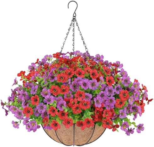 AGIRL Artificial Hanging Flowers with Baskets for Outdoors(Red Purple) by AGIRL