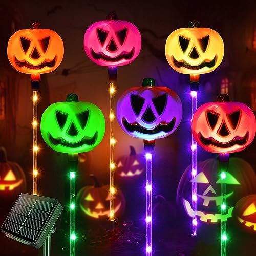 Set of 6 Solar Pumpkin Pathway Lights for Halloween Decorations Outdoor, Color Changing Outdoor Lights, Light up Jack O Lantern Pumpkins Party Porch Yard HLD578 by Homeleo
