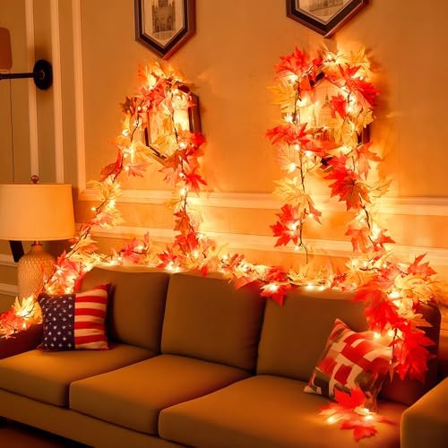 Fall Decor Fall Garland with Lights 9Ft Large Leaves Halloween Decorations - Image 2