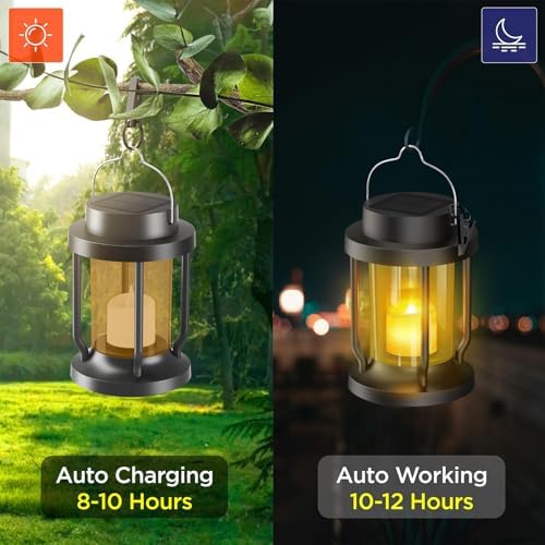 Solar Lantern Outdoor & Indoor Use – Hanging Solar Lights with Realistic Flickering Flameless Candle, Weatherproof for Gardens, Patios, Trees, and Lawns (Black + Amber, 1 Pack) - Image 2