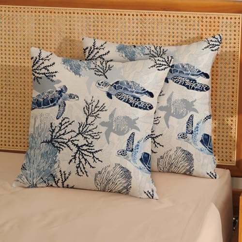 Coastal Turtle Pillow Covers 18x18 Set of 2 Coral Sea Nautical Decorative Throw Pillows Blue Beach Themed Ocean Outdoor Pillow Cases Linen Farmhouse Cushion Case for Couch Sofa Bedroom Decor - Image 2