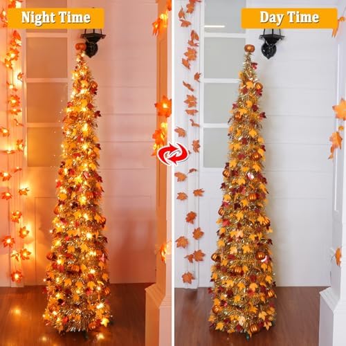 5 FT Fall Tree Fall Decor, Tinsel Maples Tree with 50 Warm White Lights - Image 4