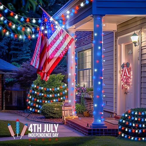 JMEXSUSS Red White and Blue Lights Battery Operated, 33ft 4th of July Lights Outdoor Waterproof, 100 LED String Light for Independence Day Memorial Patriotic Day Decor (Pack of 2) - Image 6