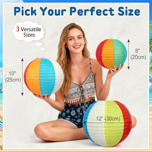 Beach Ball Paper Lanterns, 10-Pc 12 Inch Large Summer Hanging Decorations - Image 6