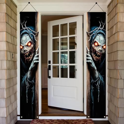 2PCS Halloween Porch Banner Scary Skeleton Demon Vertical Hanging Decorations for Front Door Outdoor Horror Welcome Door Sign Spooky Party Decor Haunted House Entrance Backdrop 71 x 12 Inch - Image 6