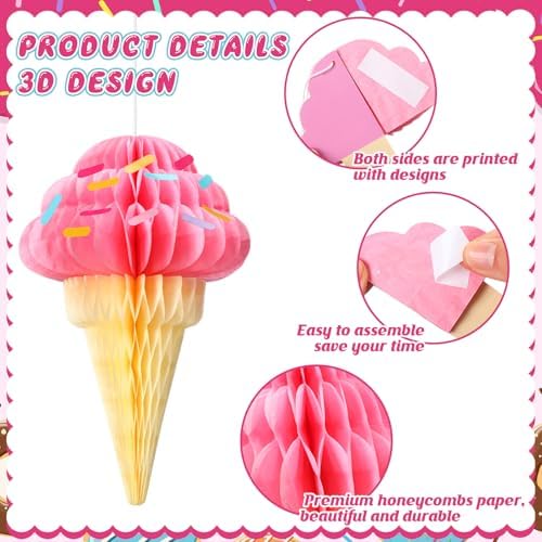 Gueevin 12 Pcs Ice Cream Party Decorations Summer Ice Cream Hanging Honeycomb Balls Decor Tissue Paper Hanging Ceiling Decor for Sweet Party Home Birthday Baby Shower Favor - Image 5