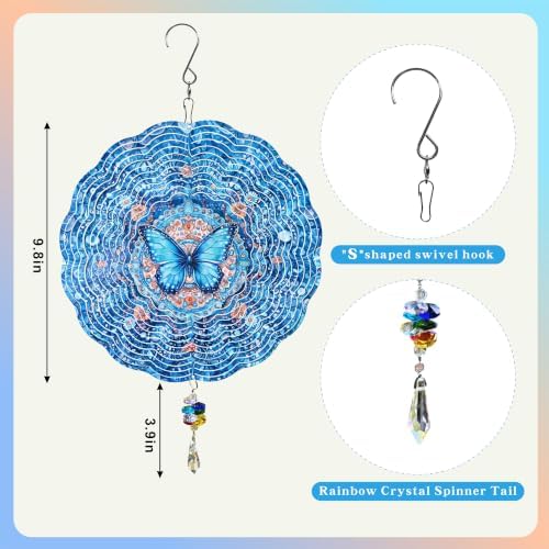 10 Inch 3D Butterfly Wind Spinner with Crystal Pendant, Renyalora Blue Metal Mandala Hanging Spinner, Kinetic Wind Sculpture for Outdoor Yard, Garden, Patio, Balcony Decor - Image 3