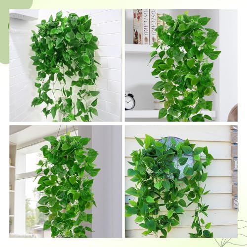 BLEUM CADE 8Pcs Fake Hanging Plants, 9 Branch Artificial Hanging Plant, Lush Faux Pothos Vines for Home Room Wall Shelf Porch Outdoor Indoor Decor (No Baskets) - Image 6