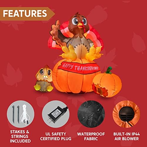 Joiedomi 6 ft Thanksgiving Inflatable Turkey on Pumpkin Decoration, LED Light Up Blow Up Turkey for Autumn Thanksgiving Family Party Décor, Halloween Inflatable for Yard Garden - Image 6