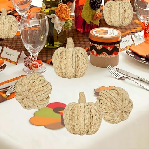 naturevibe 4.3 Inch Braided Cornhusk Pumpkin Decor Set of 6 Fall Home Decor - Image 5