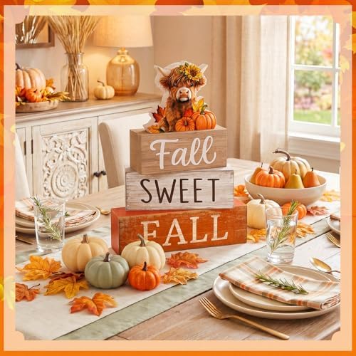 Moucuny 4 Pcs Fall Wooden Block Signs, Highland Cow Tiered Tray Farmhouse - Image 3