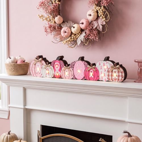 Yousoontic Breast Cancer Awareness Table Decorations, Light up 3D Wooden Pumpkin Table Centerpiece, LED Pink Ribbon Pumpkin Decor, Rustic Farmhouse Sign for Pink October Fall Mantel Desk Home Party - Image 6