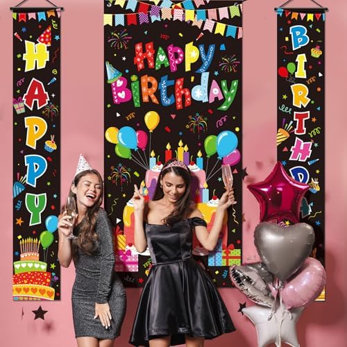 Oudain 3 Pack Colorful Happy Birthday Decorations Rainbow Birthday Banner Porch Sign Door Cover Flag Festival Wall Hanging Background Party Supplies - Image 6