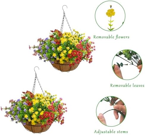 Artificial Hanging Plants Flowers with Basket 2 Packs, Artificial Hanging Flowers for Outdoors, Faux Hanging Plants Outdoor, Fake Flowers, Yellow+Purple+Pink+Red - Image 4