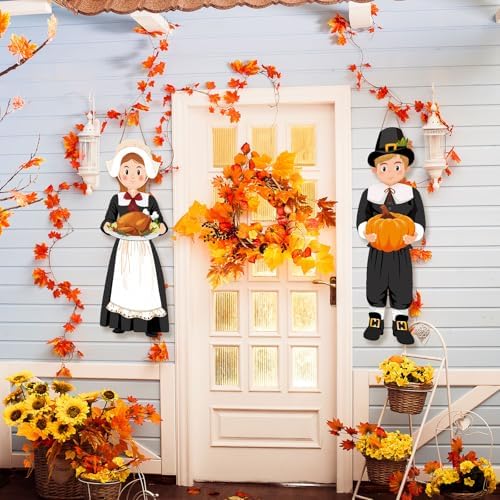 Capoda 2Pcs Thanksgiving Hanging Decor Pilgrim Boy Girl Wood Porch Sign - Image 6